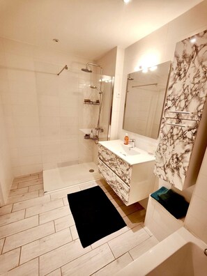 Hair dryer, towels, soap, toilet paper
