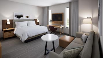 Premium bedding, pillowtop beds, desk, laptop workspace