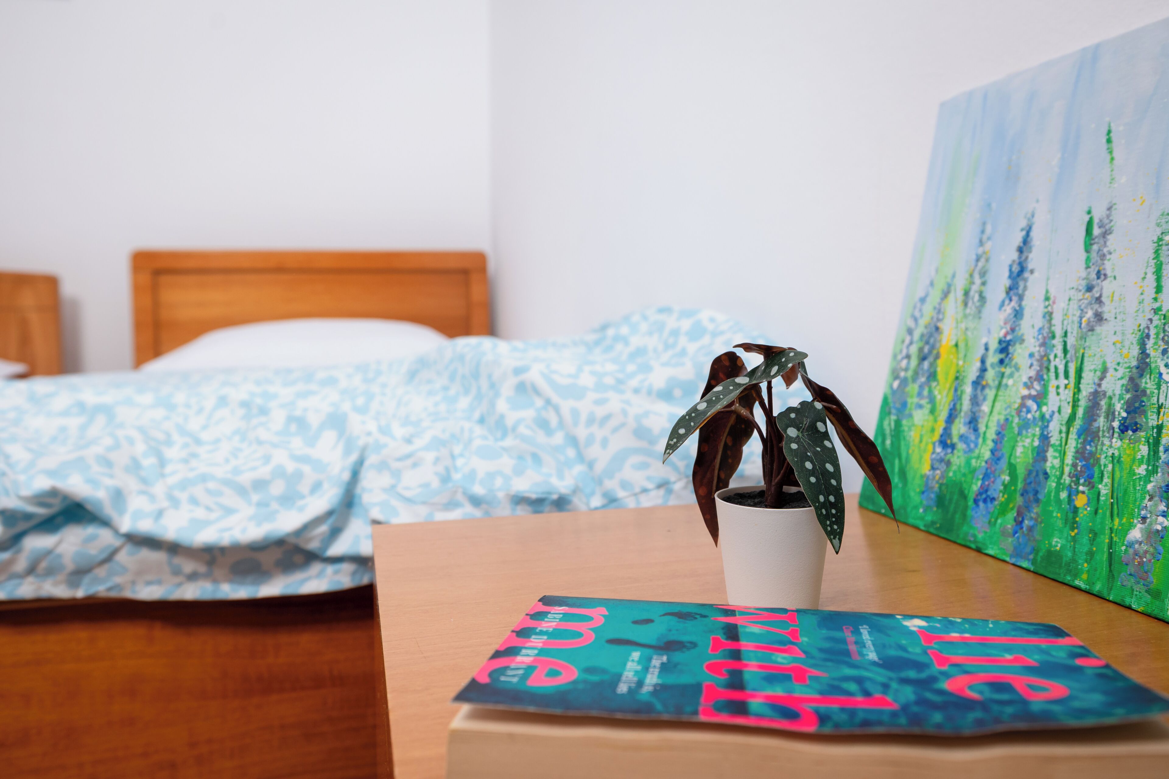 Een kamer met een bed, een tafel met een tijdschrift, een bloempot en een schilderij aan de muur.