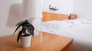 Ein ordentlich bezogenes Bett mit weißen Leinentextilien, einem hölzernen Kopfteil und einem Nachttisch mit einer weißen Lampe und einem Topf mit panaschierten Blättern.