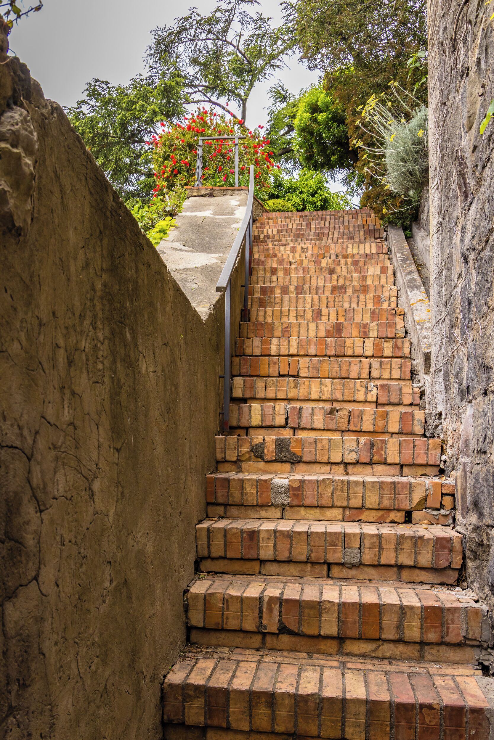 Un conjunto de escalones de ladrillo que conducen a la entrada de un edificio, rodeado de árboles y un muro de piedra.
