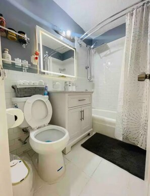 Hair dryer, towels, soap, toilet paper