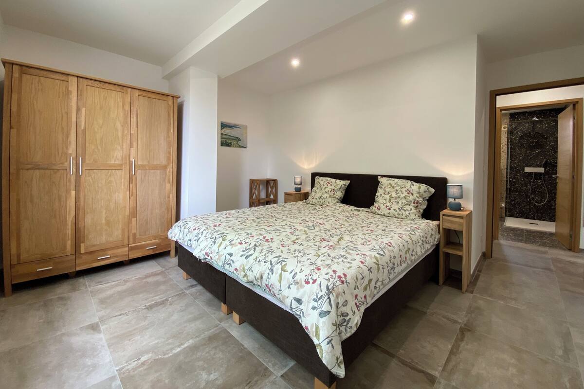 A bedroom with a large bed, wooden wardrobe, bedside tables, and a shower area.