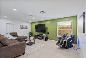 Smart TV, fireplace, video games, table football