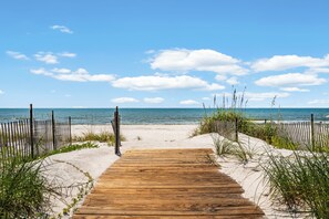 On the beach, sun-loungers, beach towels
