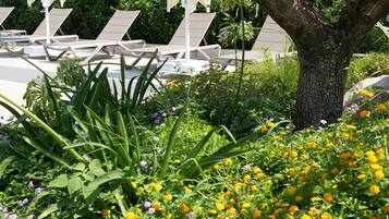 Un jardín con flores amarillas y púrpuras, un árbol y sillones de descanso.