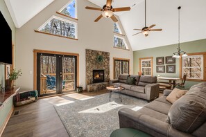 Smart TV, fireplace, foosball