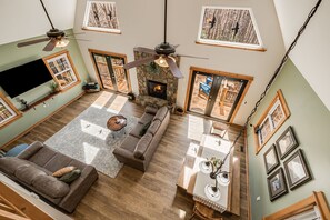 Smart TV, fireplace, foosball