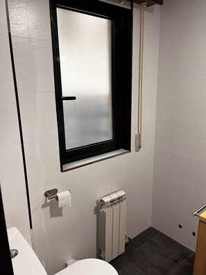 Bathroom features a white toilet, frosted glass window, and dark tile flooring.