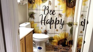 Hair dryer, towels, soap, toilet paper