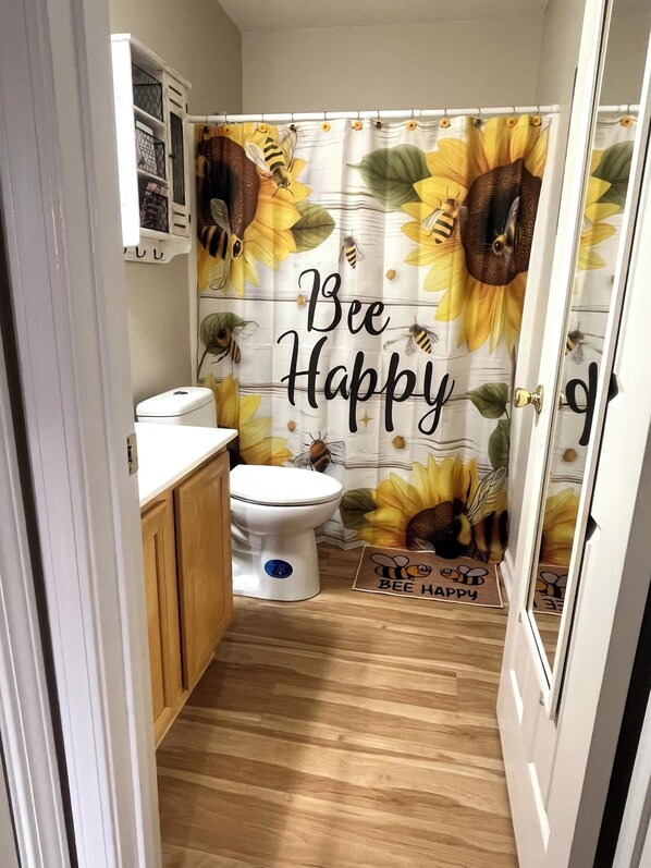Hair dryer, towels, soap, toilet paper