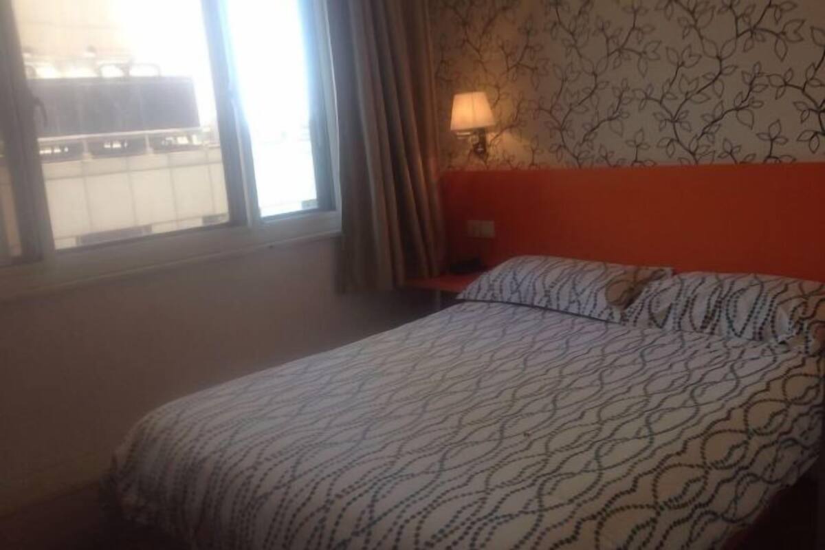 A hotel room with a bed, a nightstand, a lamp, a window with curtains, and a patterned wall.