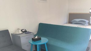 A small, modern room with a grey sofa, a blue armchair, a small table with a tissue box, and a bed with a blue headboard. - 1 Double and 1 sofa bed Studio (Auckland)