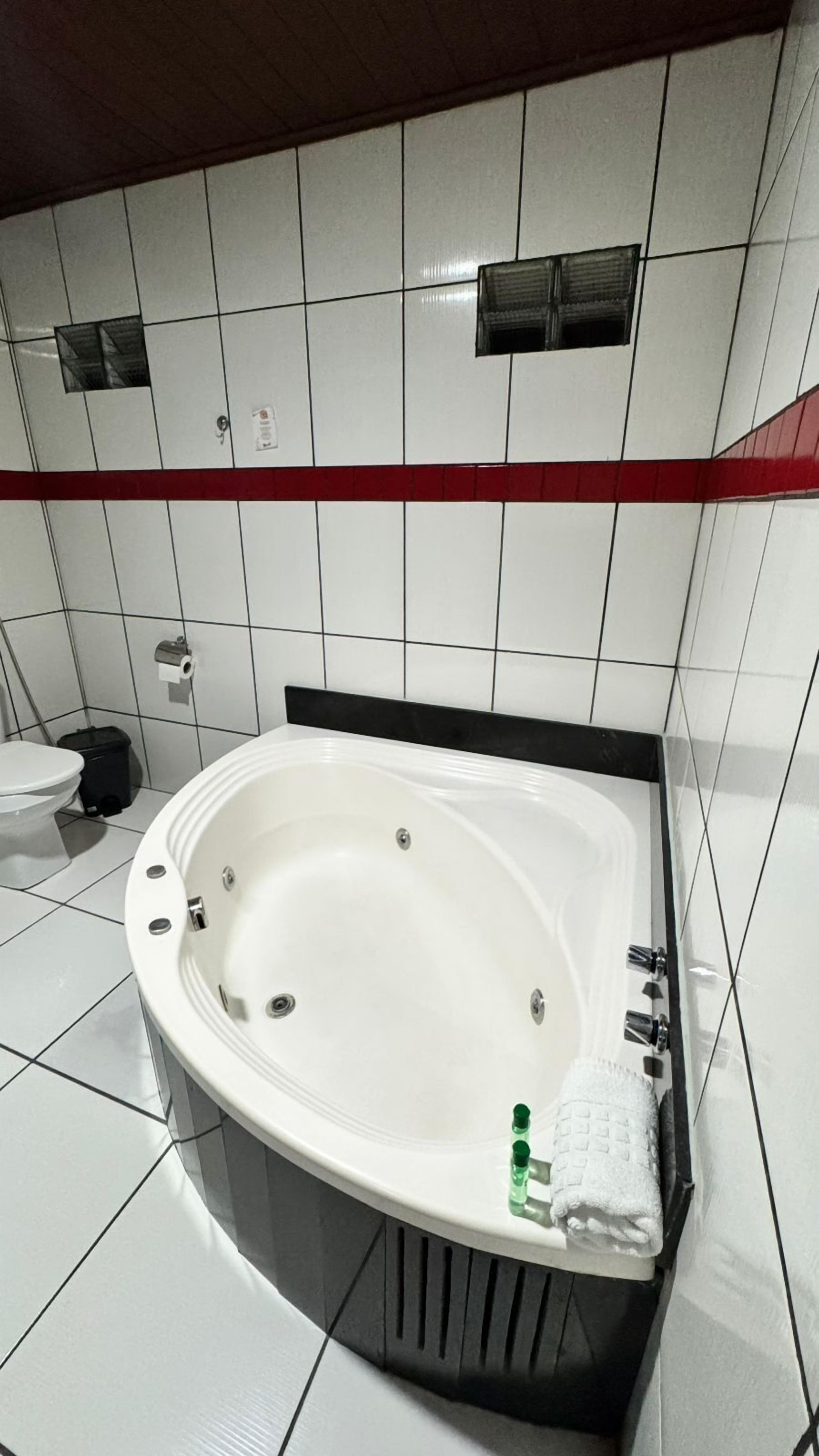 Un baño con una bañera grande, un inodoro y un cubo de basura.
