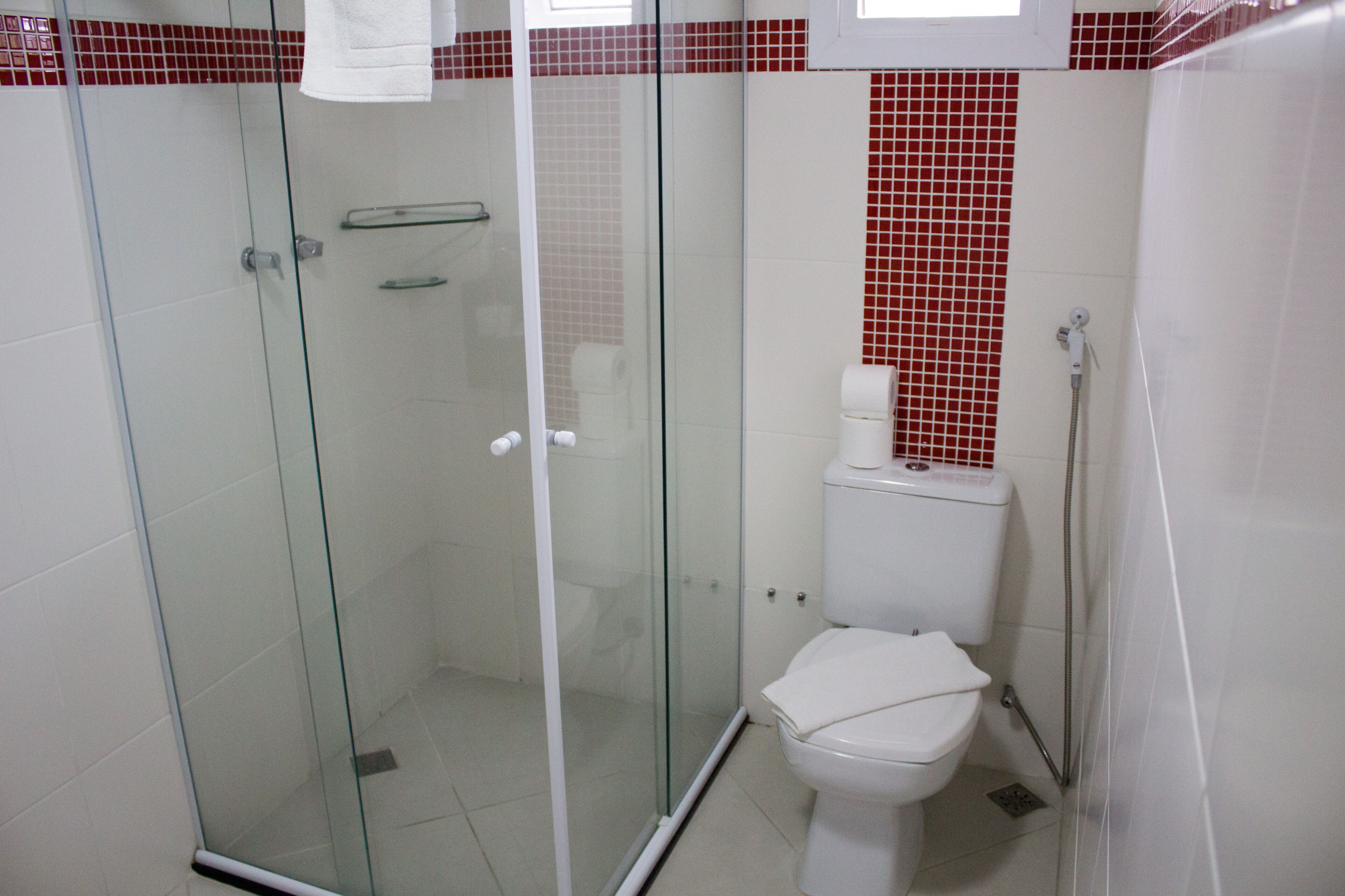 A bathroom with a glass shower enclosure, a toilet, and a red-tiled wall.