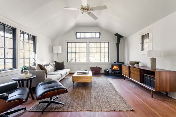 Smart TV, fireplace, books