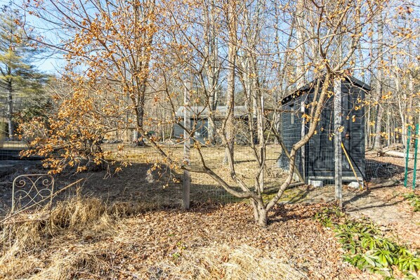 A rustic wooden cabin surrounded by leafless trees and a wire fence. - Charming 1-bedroom cottage in Woodstock with AC, WiFi min Monthly Rental (Woodstock)