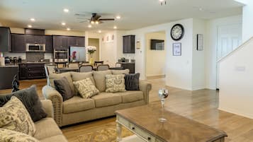 Smart TV, fireplace, foosball, books