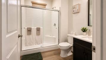 Shower, hair dryer, towels, soap