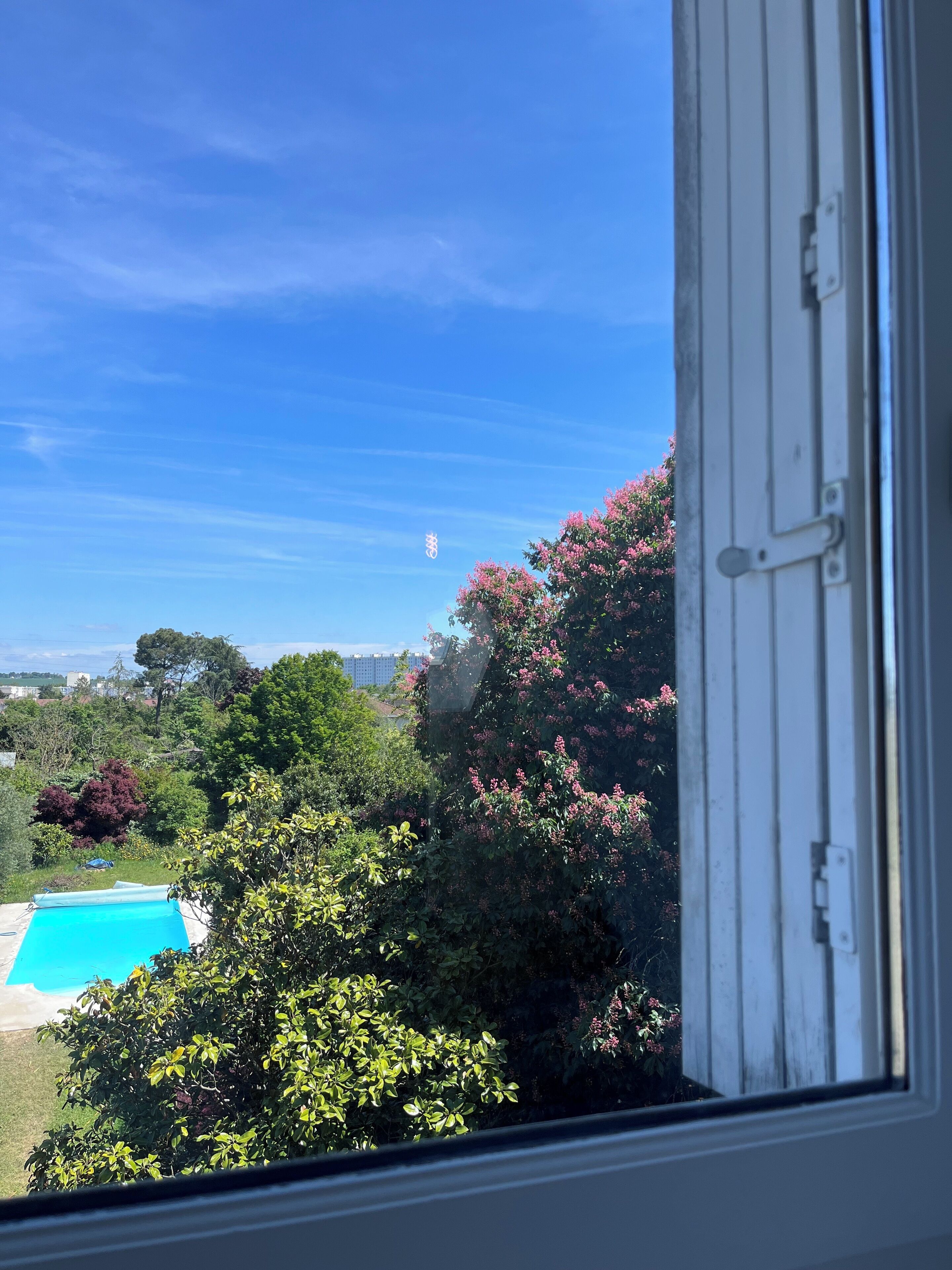 A view from a window overlooking a swimming pool, lush greenery, and distant buildings under a clear blue sky.
