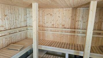 A sauna with wooden walls and benches.
