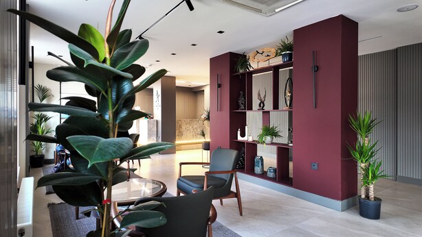 A modern interior with a seating area, a bookshelf, and potted plants. - Yıldız Termal Otel (Bursa)