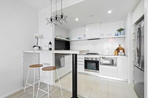 Fridge, microwave, oven, stovetop