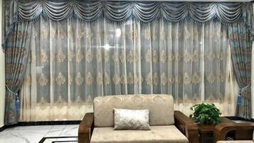 A living room with a sofa, a decorative curtain, and a plant.