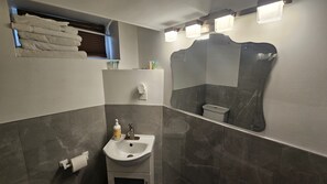 Hair dryer, towels, soap, toilet paper