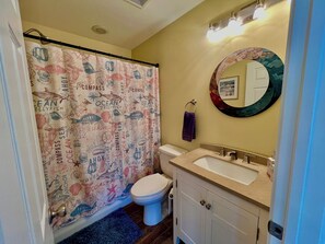 Hair dryer, towels, soap, shampoo