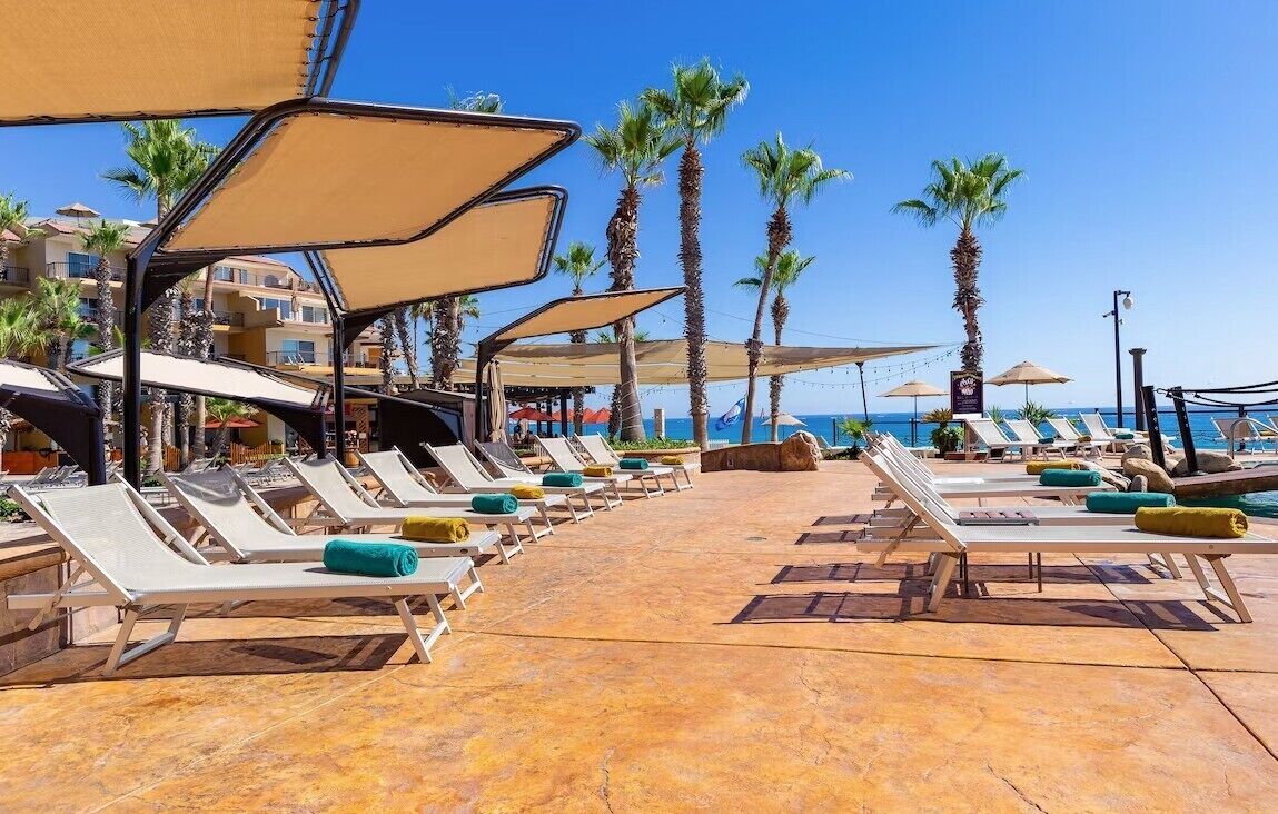 Un resort frente a la playa con filas de tumbonas, palmeras y una vista despejada del océano.