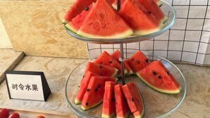A glass display stand with watermelon slices arranged in two tiers.