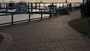 A waterfront promenade with a cobblestone path, a metal railing, and a row of boats docked at the pier.