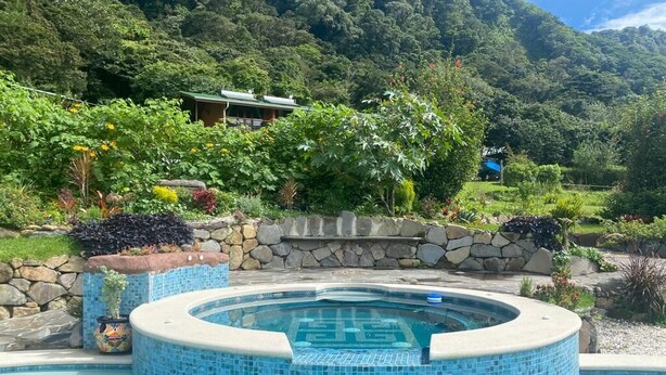 A swimming pool with a mosaic tile edge, surrounded by a stone wall and lush greenery.