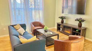 Smart TV, fireplace, books