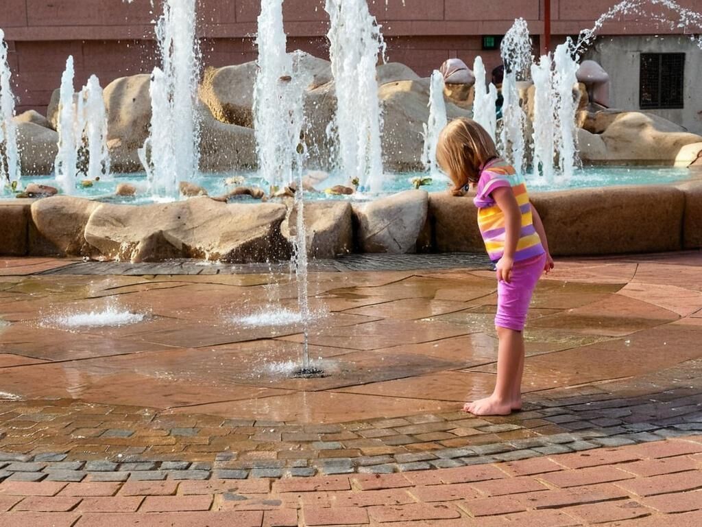Ein junges Mädchen steht vor einem Wasserspeier mit mehreren Wasserstrahlen.