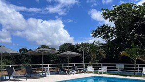 Une piscine à l’eau d’un bleu cristallin, entourée de chaises longues et de parasols.