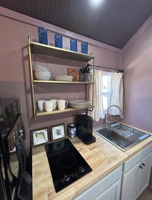 Fridge, microwave, coffee/tea maker, cookware/dishes/utensils - The Buffalo River Starry Night Tiny House Retreat with Hot Tub (Marshall)