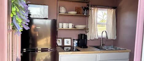 Fridge, microwave, coffee/tea maker, cookware/dishes/utensils
