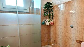 Shower, hair dryer, bidet, towels