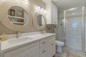 Shower, towels, soap, shampoo