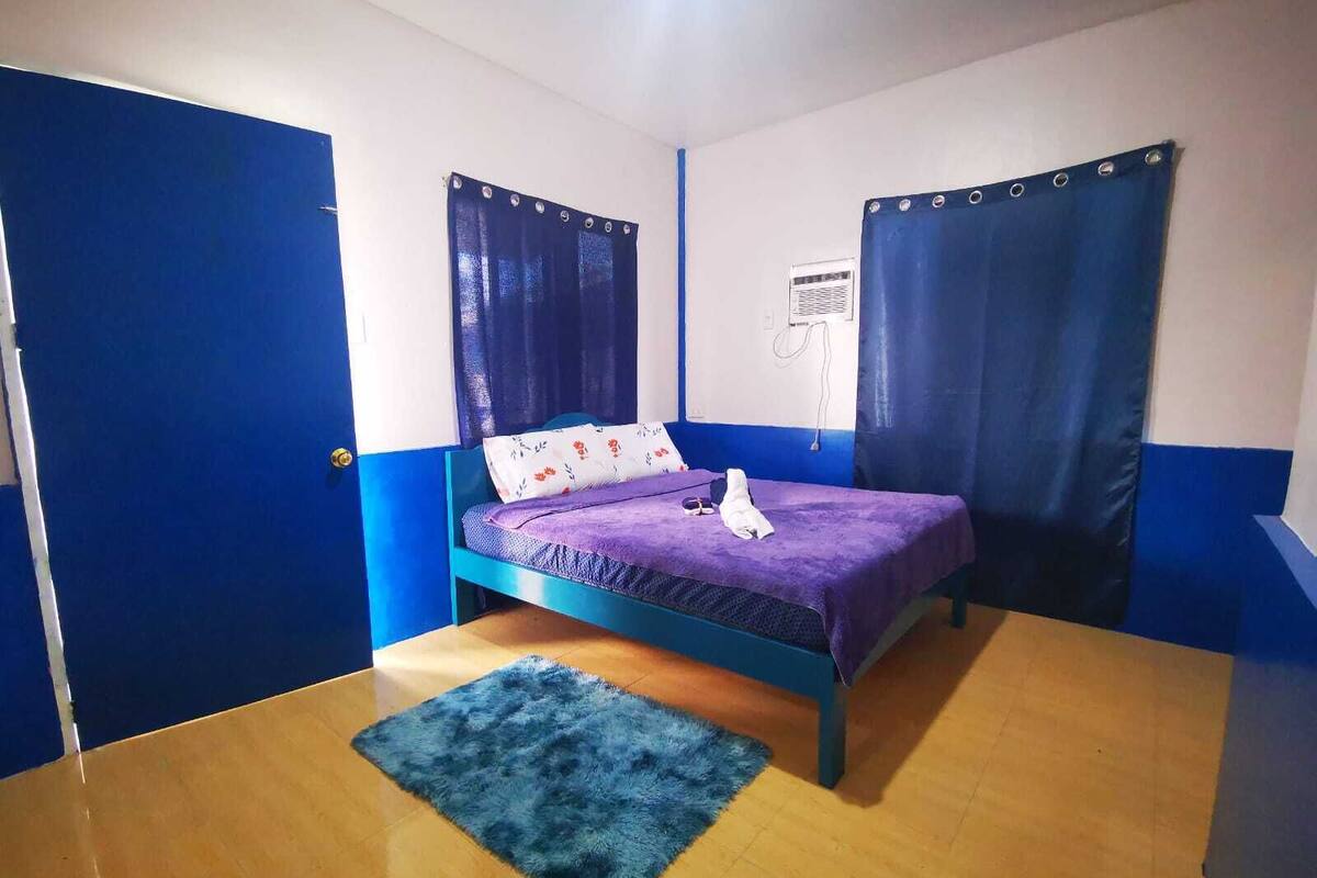 A room with a bed, a blue rug, and curtains.