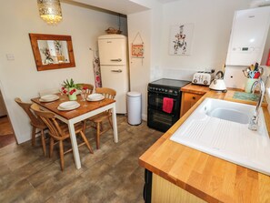 Fridge, microwave, toaster, cookware/dishes/utensils