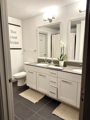 Hair dryer, towels, toilet paper