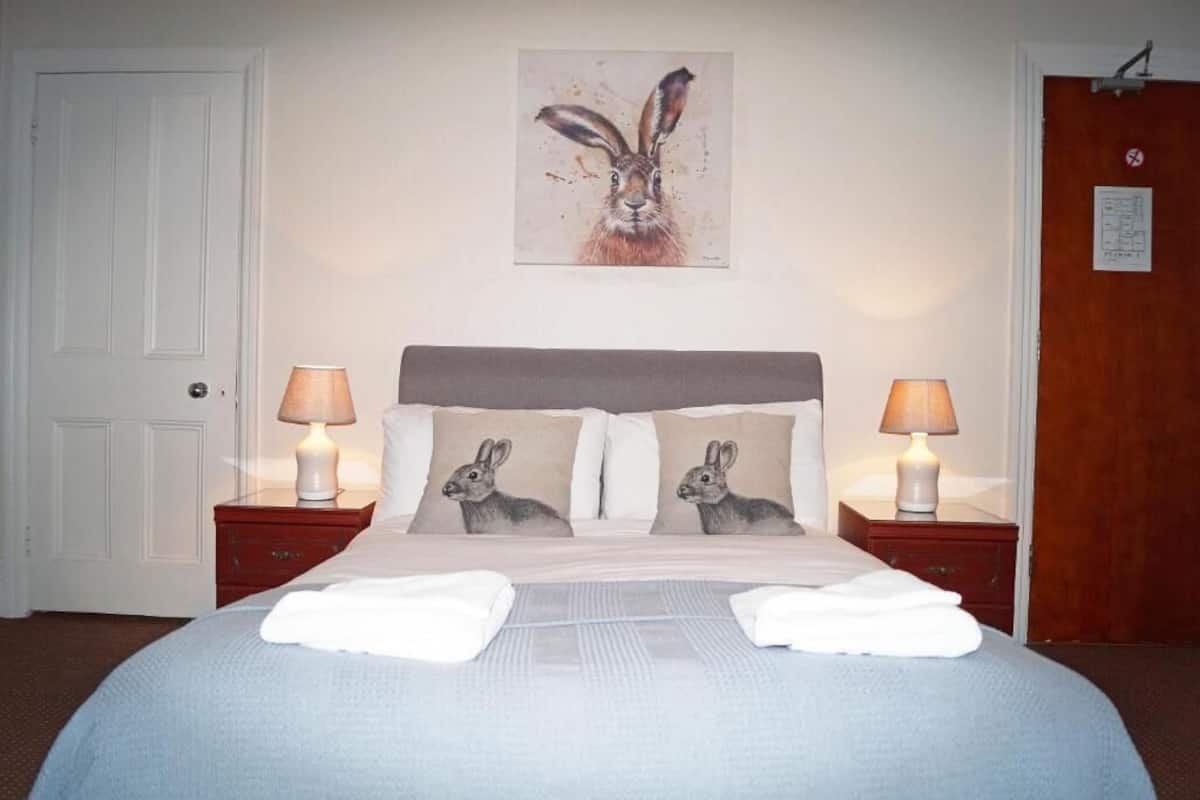 A neatly made bed with two pillows, a wall-mounted painting of a rabbit, and two bedside lamps.
