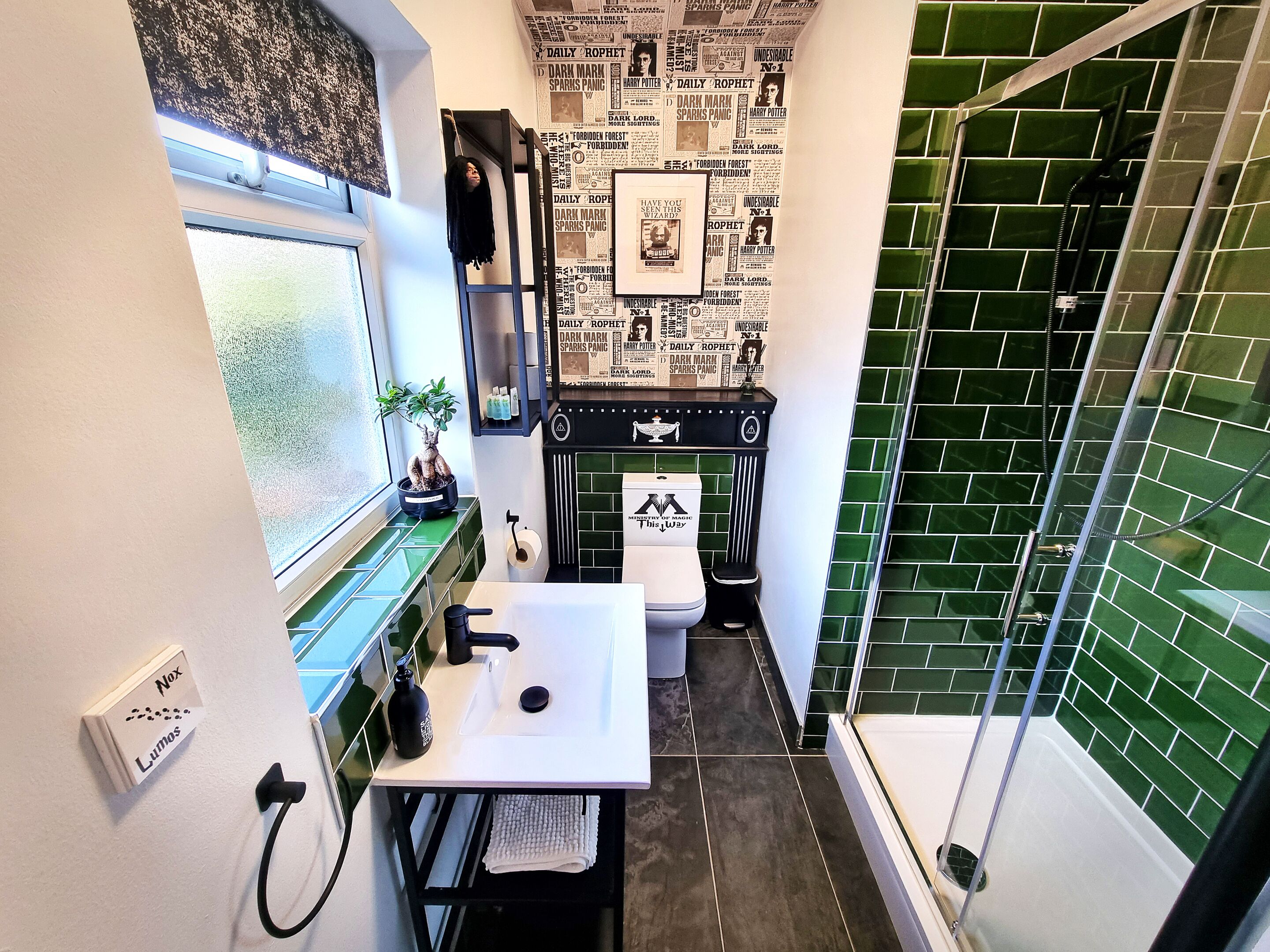 A bathroom with a white sink, black faucet, green-tiled shower, and a wall decorated with Harry Potter posters.
