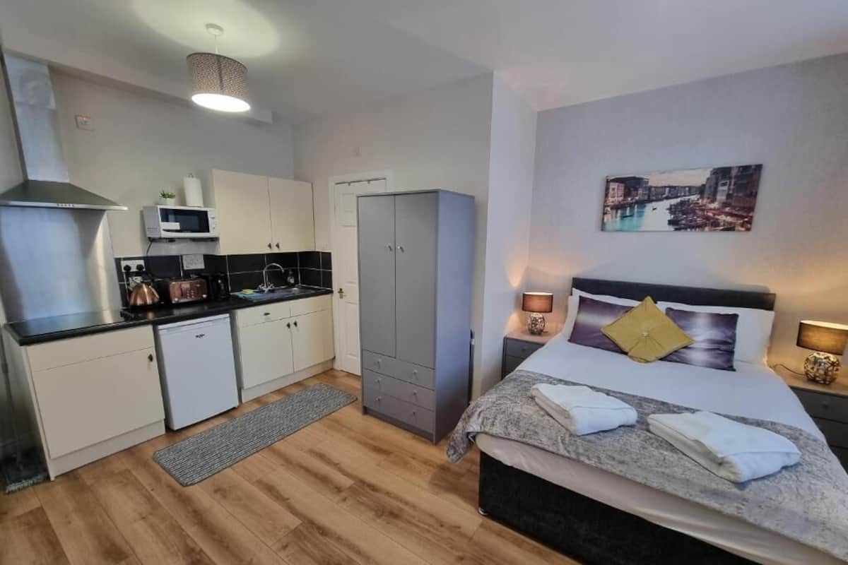 A compact hotel room with a kitchenette, a bed with a headboard, a nightstand, a wall-mounted painting, and a bedside lamp.