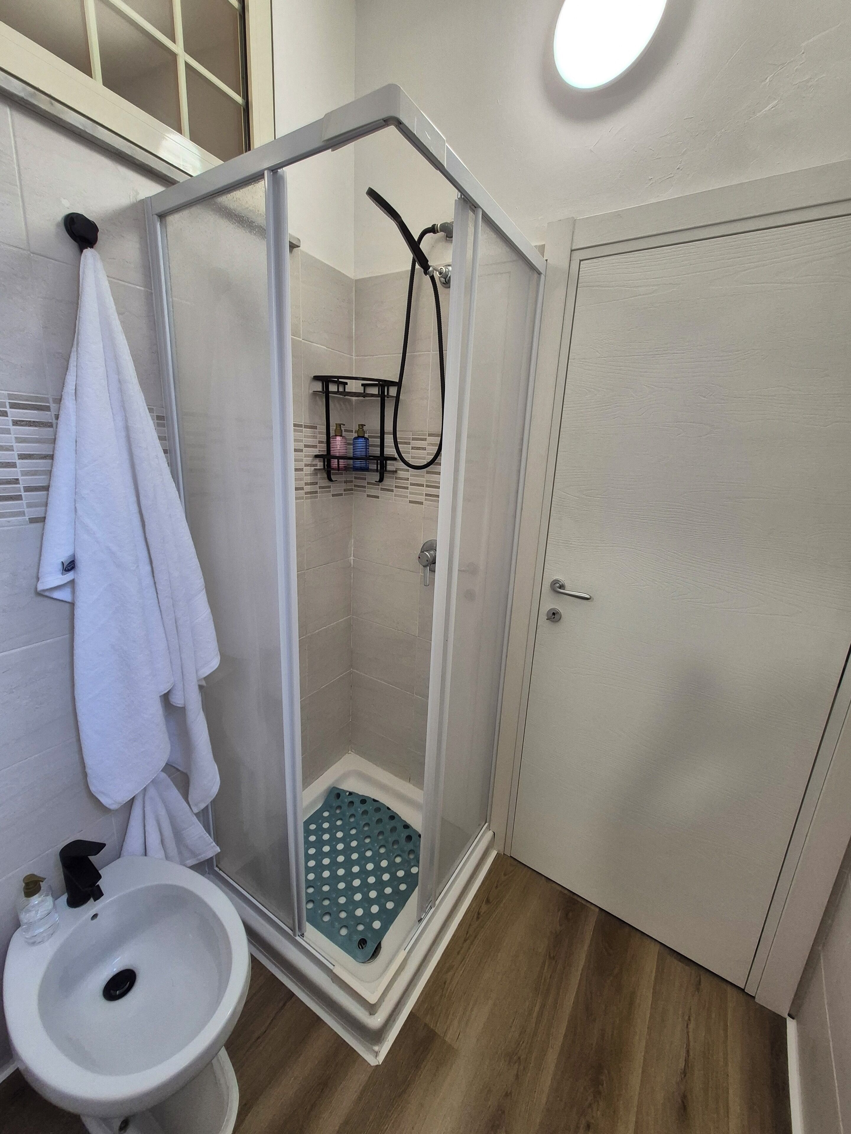 A bathroom with a glass-enclosed shower, a white sink, and a towel rack.