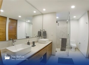 Hair dryer, towels, soap, toilet paper