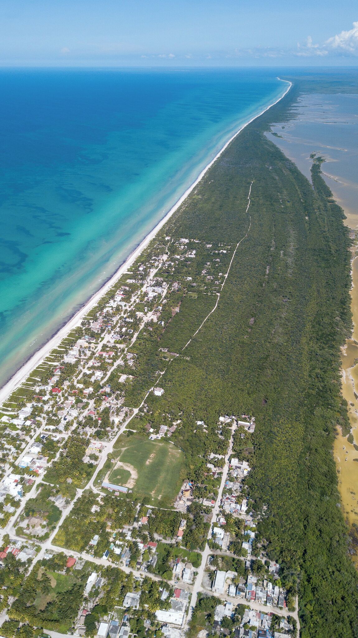 Vista aérea de una zona costera con una extensa playa, densa vegetación verde y edificios dispersos a lo largo de la costa.